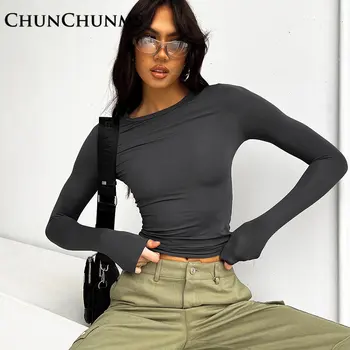 Seksi Katı Yuvarlak Boyun Uzun Kollu Temel tişört üst Kadınlar Siyah Beyaz Dip Bluz Bahar Sıska Streç Blusa Sokak 2023