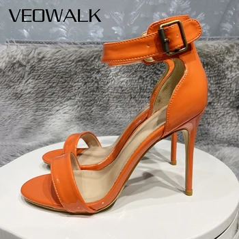 Veowalk Turuncu Patent Kadın Ayak Bileği Kayışı Burnu açık yüksek topuklu sandalet Yaz Seksi Stiletto Pompaları Parti Elbise Ayakkabı 8 cm 10 cm 12 cm