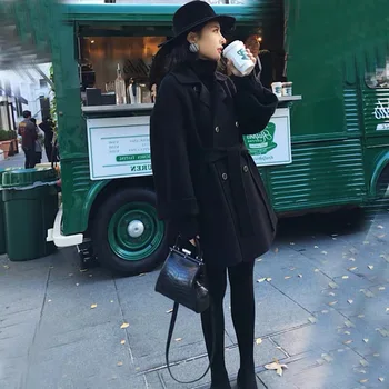 Sonbahar ve Kış Yeni Yün Ceket Kore Moda Rahat Tüm Maç Orta uzunlukta kadın İnce Uzun kollu Yün Ceket