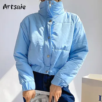 Artsnie Streetwear Mavi Kırpılmış Parkas Kadın Kış Balıkçı Yaka Uzun Kollu Fermuar Palto Kadın Sonbahar Sıcak Kalın Parkas Chaqueta