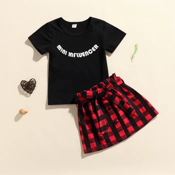 1-6Y Yaz Çocuklar Bebek Kız Mektup Baskı Kısa Kollu Yuvarlak Boyun T-shirt Ekose Düğme Etek Kemer ile 3 adet Kıyafetler Set Giysi