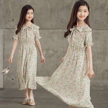 Kız Elbise Yaz Şifon Çiçek Baskı Prenses Kostüm Zarif Çocuklar Kızlar için Elbiseler 4 6 8 10 12 14 Y Çocuk Giyim