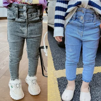 Bebek Kız Pantolon Kot Yüksek Bel Düğme Skinny Denim Pantolon Kapriler Yürümeye Başlayan Çocuk Giysileri Bahar Sonbahar Çocuklar 3 ila 8 yıl