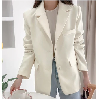 Sonbahar Kadın Blazer Ofis kadın giysisi Takım Elbise Katı Rahat Tek Göğüslü Ceket Ceket Uzun Kollu Çentikli Yaka Moda Blazers