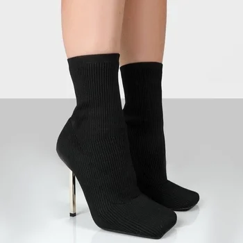 2022 Yeni Tasarım Seksi Stiletto Çorap Çizmeler Örme Streç Çizmeler kadın ayakkabısı Sonbahar ve Kış yarım çizmeler Orta tüp Çizme