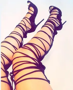 Kadın sandalet yüksek topuk 13 cm diz üzerinde Yaz çizmeler gladyatör sandalet dantel-up topuklu siyah parti ayakkabıları elbise için seksi sandalet