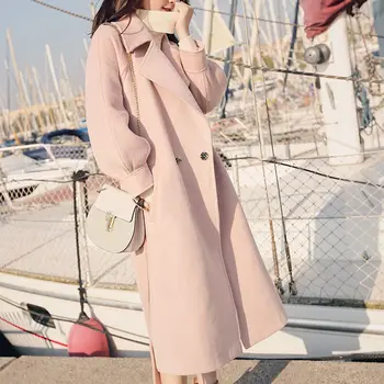 Kış Sonbahar Kadınlar Uzun Kollu Ceket Ofis Bayan Moda Sıcak Yün Streetwear Kadın Gevşek Palto Kemer Rüzgarlık