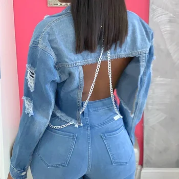 Seksi Backless Zincirler Kırpılmış Denim Ceket Kadın Moda Artı Boyutu Yırtık Delik Püskül kısa kot pantolon Ceket Chaqueta Damla Nakliye