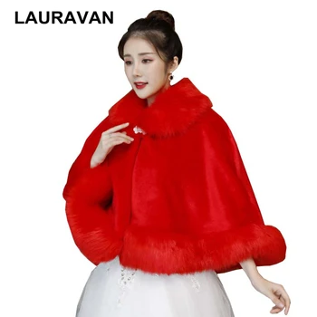2020 Kırmızı Fildişi Kadınlar Gelin Sıcak Büyük Şal Gelin Faux Kürk Şal Bolero Kış Sıcak Düğün Pelerin Şal Ceketler Pelerin Gelin Pelerin