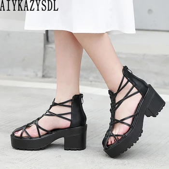 AIYKAZYSDL Kadınlar Siyah Roma Gladyatör Sandalet Strappy Cut Out Yaz Ayakkabı Platformu Tıknaz Blok Topuk Kalın Alt Ayakkabı Bootie