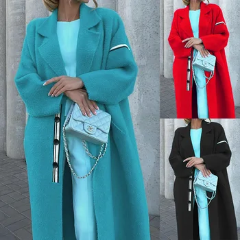 Sonbahar Kış Yeni Uzun Kollu Giyim Kadın Basit Katı Uzun Palto Zarif Yün ve Karışımları Ceket Tops