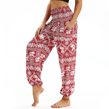 2021 Kadın Hippi Bohemian Pantolon, Yoga Pantolon-Baggy Boho Harem Rahat Çingene 2 cepli pantolon