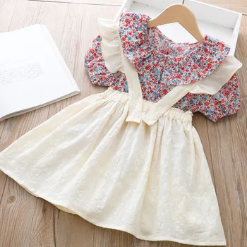Yaz Yeni Çiçek Yaka Gömlek Kısa Jartiyer Etek Önlük Elbise Takım Elbise Kore Moda İki parçalı Bebek Kız Giysileri Setleri Pamuk Çocuklar