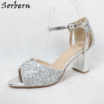 Sorbern Özel gümüş parıltılı Sandalet Sequins Blok Topuk Fetiş Yaz Sandalet Peep Toe Düğün Topuklu Gelinler Için Ayak Bileği Sapanlar