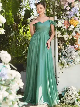 Lüks Abiye Uzun A-LİNE Off-Omuz Çiçek V Yaka Kat Uzunluk 2023 Hiç Güzel Tül Zarif Balo Kadın Elbise
