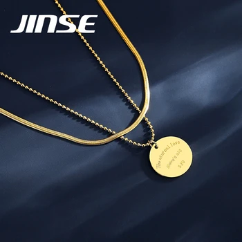 JINSE 316L paslanmaz çelik moda takı Çift Katmanlı Zincir Gerdanlık Yuvarlak Sikke Charms Kolye Kolye Kadınlar ıçin Altın Kolye