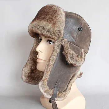 Kış Erkekler Sıcak Rus Şapka ile Kulak Flap Pu Deri Kürk Kap Kış Kulaklığı