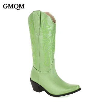 GMQM Yeni Tasarım 2022 Kadın Ayakkabı Orta Buzağı Çizmeler Batı kovboy çizmeleri Nakış Ayakkabı Tıknaz Topuklu Sivri Burun Punk Tarzı Çizmeler