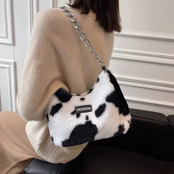 Leopar Çanta Kadın Kış Peluş Omuz askılı çanta Bayanlar Günlük Eğlence Zinciri Sıcak Büyük Tasarımcı Tote Çanta alışveriş çantası