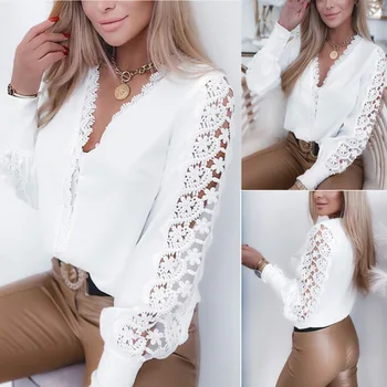Zarif Moda oyma dantel Gömlek kadın Giyim 2021 Sonbahar Kış Yeni Ofis Bayan V Yaka Fener Kollu Beyaz Bluzlar