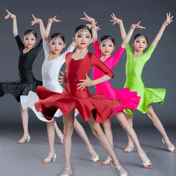2022 Latin Dans Elbise Kız Balo Salonu Etek Elbise Kız Performans Saten Uzun Kollu dans eteği Kostüm Yarışması Giyim