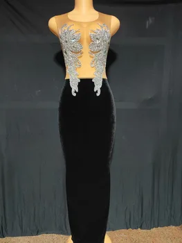 Kadife Kadın Taklidi Uzun Şeffaf Elbise Dansçı Performans Showgirl Streç Sahne Giyim Kıyafet Bar Gece Kulübü Sürükle Kraliçe Kostüm