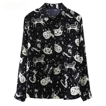 Bahar uzun kollu elbise Hayvan Kedi Baskılı Gömlek Kadın Üstleri Gevşek Casual Bluzlar Giyim Blusas Mujer De Moda TJR170