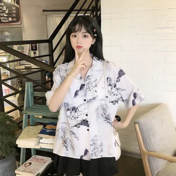 #2029 Yaz Harajuku Vintage Gömlek Kadın Kısa Kollu Baskılı Gömlek Gevşek İnce Kore Rahat Beyaz Gömlek Bayanlar Seksi