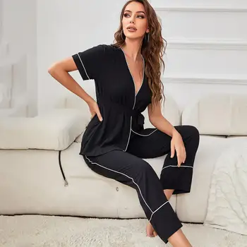 Siyah Kısa Kollu Pijama Seti Kadınlar için Rahat Kimono Bornoz ve pantolon 2 Adet Pjs Pamuk V Yaka Kıyafeti uyku tulumu Pijama