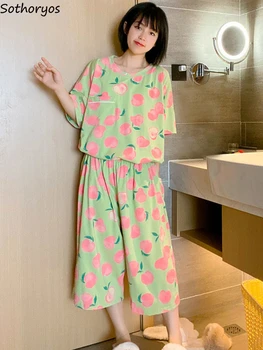 Pijama Setleri Kadın Baskı Tatlı Tasarım Ev Yarım kollu Gevşek Rahat Yaz Cep Kore Tarzı Şık Salon Giyim Rahat Basit