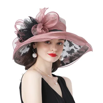 Klasik Bayanlar Fascinator Şapkalar Düğün Kentucky Derby Şapka Kadınlar İçin çiçekli şapka Büyük fötr şapka Moda Organze Kilise Şapka