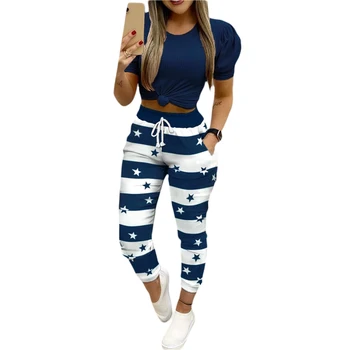 Yeni 2 Adet Kadınlar Yaz Eşofman Düz Renk Şerit Puf kısa kollu tişört İpli Ayarlanabilir Elastik Bel Rahat pantolon