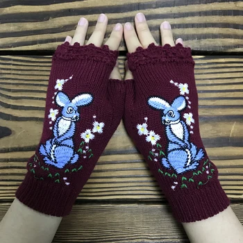 Kadın Parmaksız Eldivenler Yarım Parmak Eldiven Tavşan Nakış Kış kol ısıtıcıları Soğuk Hava Aksesuarları