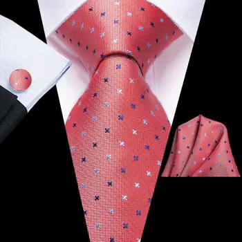 Mercan Pembe Nokta İpek Düğün Kravat Erkekler İçin Handky Kol Düğmesi Hediye Erkek Kravat Moda Tasarımcısı İş Parti Dropshipping Hi-kravat