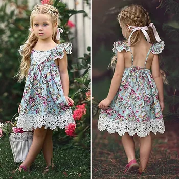 Yaz elbisesi 2021 Çocuklar için Baskı Çiçek Askı Prenses Elbise Moda Kolsuz Backless Lace up Toddler Kız Giysileri Rahat