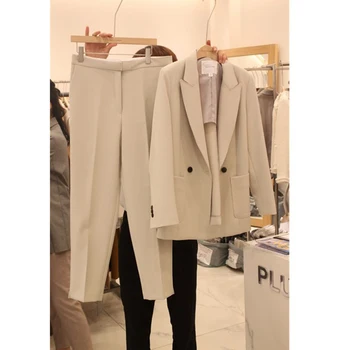 Kadınlar 2022 Sonbahar Kış Yeni 2 Adet Setleri Kadın Çentikli Yaka Resmi Blazer Mont Bayanlar Yüksek Bel Düz Pantolon Takım Elbise K21