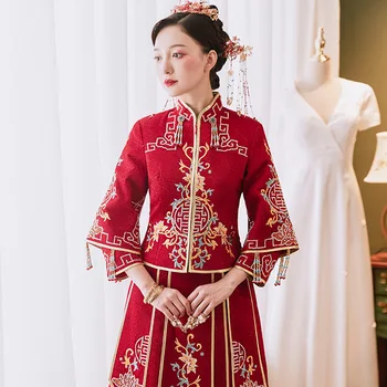 2022 Zarif Evlilik Qipao Çin Gelin Mandarin Yaka düğün elbisesi Zarif Kırmızı Nakış Cheongsam