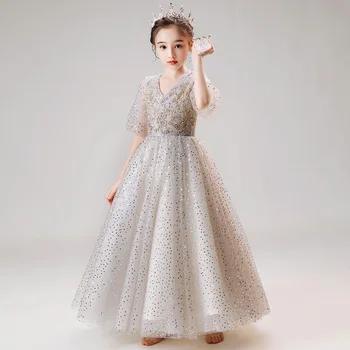 Gri Tül Çiçek Kız Elbise Düğün İçin Pullu Dantel Uzun Kız Elbise Parti Noel Elbise Çocuk Prenses Kostüm Çocuklar İçin