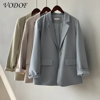 VODOF 2021 Bayan Uzun Blazer Kruvaze Takım Elbise Ceket Gevşek Büyük Boy Ceket Düz Renk Resmi Blazer