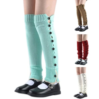 Düğme tasarım bacak ısıtıcıları Harajuku kadın Kızlar Örme diz üstü çorap Fırfır Dantel Trim Sıkı ayak Kapakları Çorap T8NB