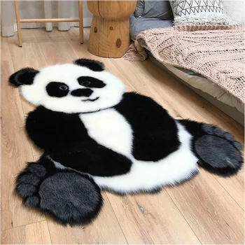 90 * 120Cm Sevimli Siyah Ve Beyaz Panda Halı Hayvan Şekli Halı Peluş Taklit Kürk Koyun Derisi Yün Halı Yatak Odası Çocuk Bebek evcil hayvan oyun matı
