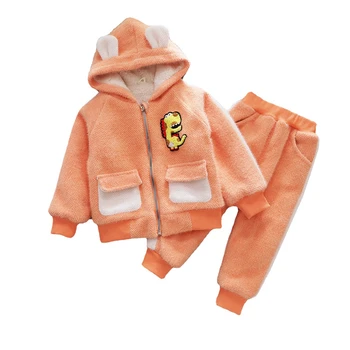 Kış Bebek Erkek Karikatür Elbise Çocuk Kalın Kapüşonlu Ceket Pantolon 2 adet / takım Toddler Rahat Kız Giyim Çocuklar Sıcak Spor