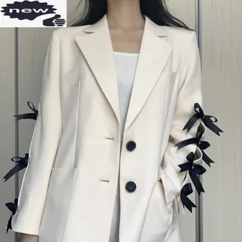 Ofis Bayanlar Zarif Beyaz Blazers Tasarım Asimetri İlmek Gevşek Fit Casual Ceket Kadınlar Katı Tek Göğüslü Takım Elbise Ceketleri