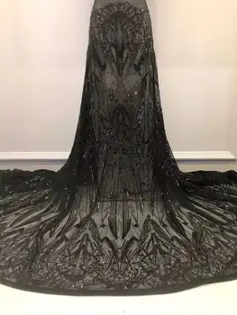 Siyah Afrika Sequins Dantel Kumaş 2022 5 Metre Yüksek Kaliteli Fransız Nijeryalı Damat Dantel dikiş kumaşı Elbise Düğün Parti