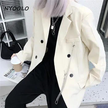 NYOOLO Harajuku Zincir Gevşek Uzun Kollu Düz Renk Zarif Blazers Kadın İlkbahar Sonbahar Streetwear Kruvaze Palto Dış Giyim