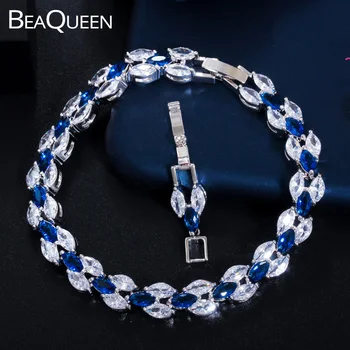 BeaQueen Ünlü Marka Büyüleyici CZ Markiz Kesim Kraliyet Takı Mavi Kristal Bilezik Bileklik Kadınlar ıçin Balo Parti Hediye B007