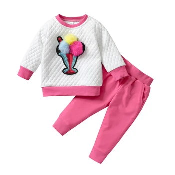 Lioraitiin 1-5Years Toddler Bebek Kız 2 Adet Sonbahar Moda Giyim Seti Uzun Kollu sıfır yaka bluzlar dondurma Desen Pantolon