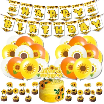 Ayçiçeği Tema Parti Seti Mutlu Doğum Günü Afiş Ayçiçeği Cupcakes Topper Baskılı Balonlar Doğum Günü Partisi Süslemeleri için