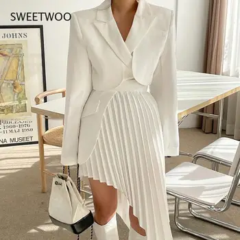 Rahat Beyaz İki Parçalı Set Kadınlar İçin Çentikli Uzun Kollu Blazer Yüksek Bel Düzensiz Hem Etek Kadın Kore Setleri