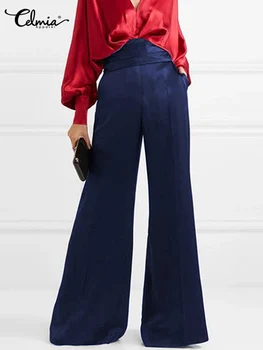 Celmia Saten Moda Geniş Bacak Pantolon Tüm Maç Pleats Streetwear Kadınlar uzun pantolon Yüksek Bel Ofis 2022 Bahar Pantolon Pantalon